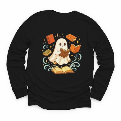 Halloween Cute Ghost Shirt Reading Books Ghost Youth Long Sleeve Tee - Bookorys