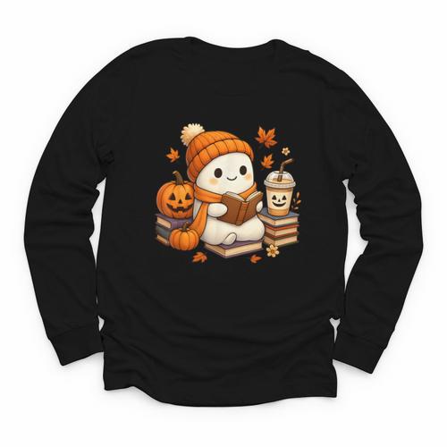 Halloween Ghost Reading Book Lovers Coffee Girl Women Youth Long Sleeve Tee - Bookorys DE