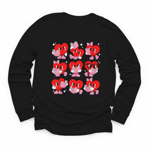Heart Reading Books Valentine Teacher Boys Girls Book Lover Youth Long Sleeve Tee - Bookorys CA
