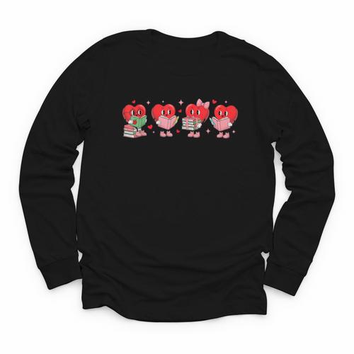 Heart Reading Books Valentine Teacher Library Book Lover Youth Long Sleeve Tee - Bookorys