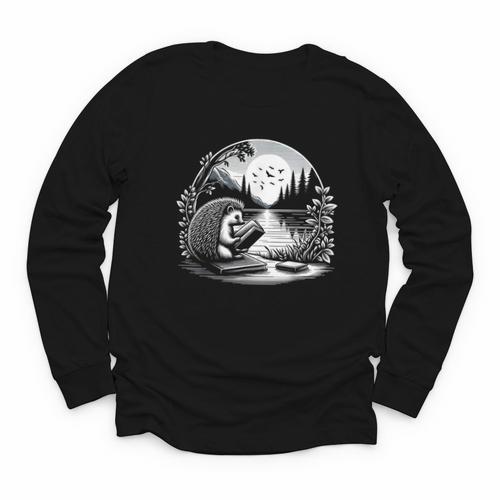 Hedgehog Reading Book Full Moon Lake Scenery Youth Long Sleeve Tee - Bookorys CA