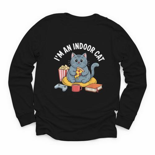 I'm An Indoor Cat Introvert Pizza Popcorn Book Gamer Cat Youth Long Sleeve Tee - Bookorys AU
