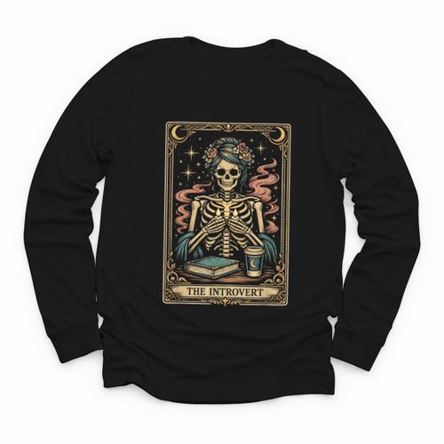 The Introvert Skeleton Tarot Card Coffee Book Lover Youth Long Sleeve Tee - Bookorys