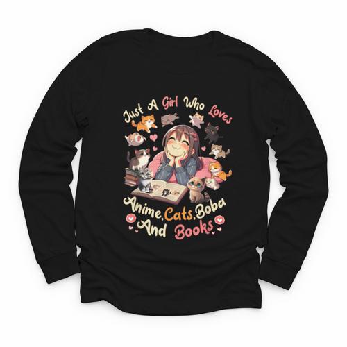 Just Girl Who Loves Anime Cats Boba And Books Bubble Tea Youth Long Sleeve Tee - Bookorys CA