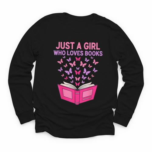 Just A Girl Who Loves Books Butterflies Reading Youth Long Sleeve Tee - Bookorys
