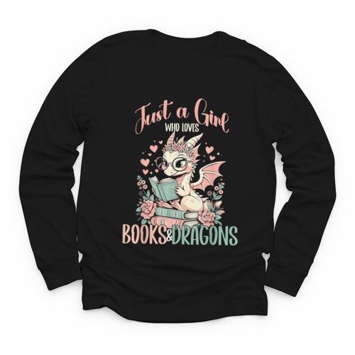 Just a Girl Who Loves Books And Dragons Book Dragon Lover Youth Long Sleeve Tee - Bookorys CA