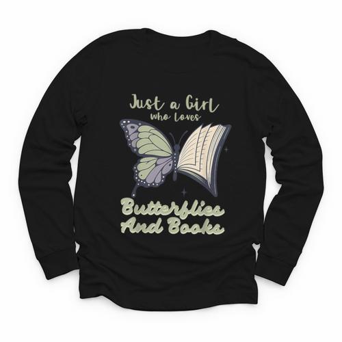 Just a Girl Who Loves Butterflies And Books Butterfly Youth Long Sleeve Tee - Bookorys CA