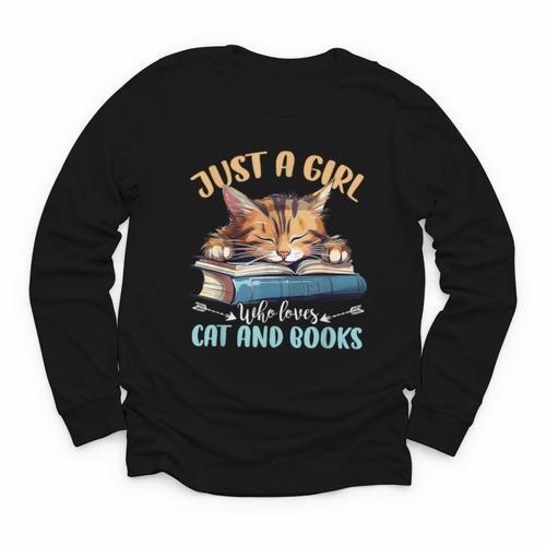 Just a Girl Who Loves Cats And Books Kitties Pet Art Lover Youth Long Sleeve Tee - Bookorys AU