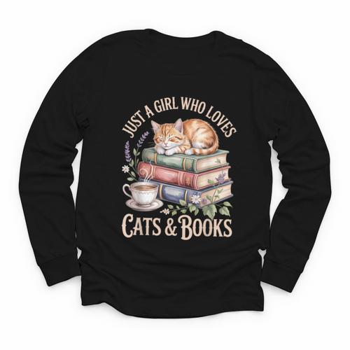 Just A Girl Who Loves Cats And Books Reading Librarian Youth Long Sleeve Tee - Bookorys