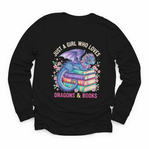 Just a Girl Who Loves Dragons And Books Dragon Reading Youth Long Sleeve Tee - Bookorys AU