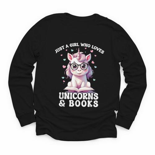 Just a Girl Who Loves Unicorns & Books Bookish Unicorn Love Youth Long Sleeve Tee - Bookorys