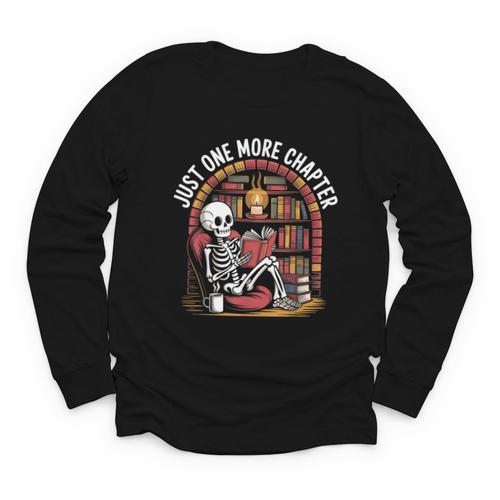Just One More Chapter Skeleton Reading Cozy Books Youth Long Sleeve Tee - Bookorys