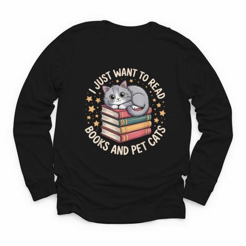 I Just Want To Read Books And Pet Cats Cat And Book Youth Long Sleeve Tee - Bookorys