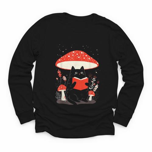 Kawaii Cottagecore Mushroom Cat Reading a Book Youth Long Sleeve Tee - Bookorys AU