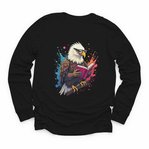 Kawaii Eagle Reads Book Reading Library Book Bookworm Youth Long Sleeve Tee - Bookorys CA