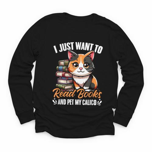 Kawaii Feline Book Reading Read Books Pet My Calico Cat Men Women Youth Long Sleeve Tee - Bookorys