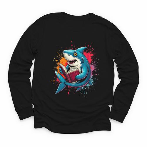 Kawaii Shark Reads Book Reading Library Book Bookworm Youth Long Sleeve Tee - Bookorys CA