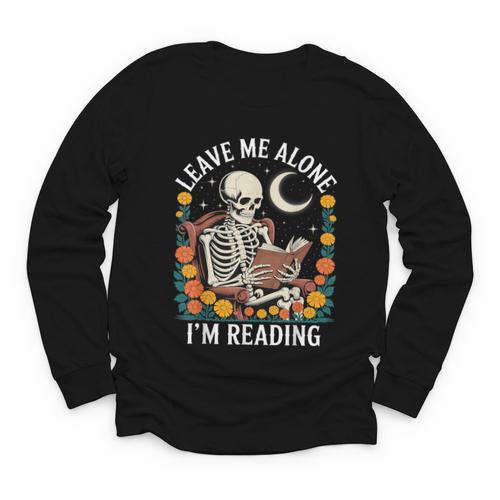 Leave Me Alone Skeleton Reading Book Floral Moon Librarian Youth Long Sleeve Tee - Bookorys AU