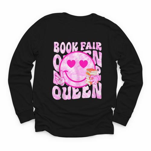 Library Book Fair Queen Vibe Groovy Tie Dye School Reading Youth Long Sleeve Tee - Bookorys