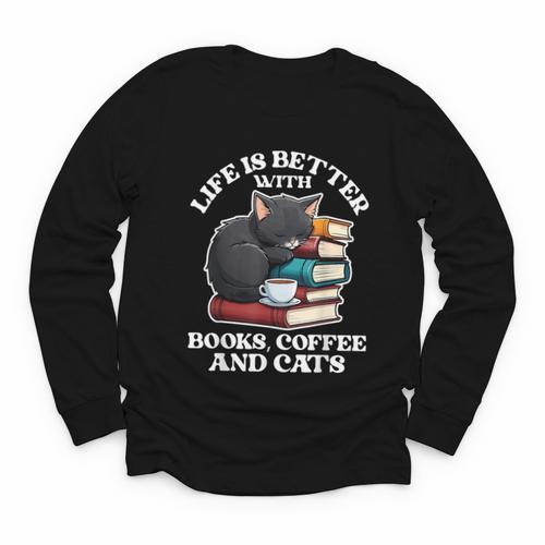 Life Is Better With Books Cats & Coffee Librarian Book Lover Youth Long Sleeve Tee - Bookorys