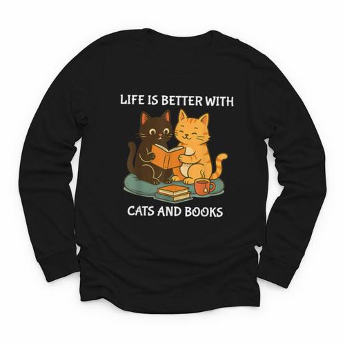 Life Is Better With Cats And Books Cute Cat Lover Youth Long Sleeve Tee - Bookorys