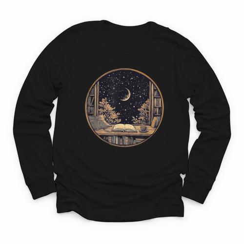 Moon Book Bookshelf Library Coffee Cup Star Stars Pattern Youth Long Sleeve Tee - Bookorys CA