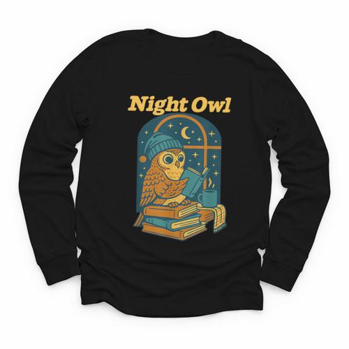 Night Owl Cozy Reading Tea Coffee Lover Bookworm Cute Youth Long Sleeve Tee - Bookorys