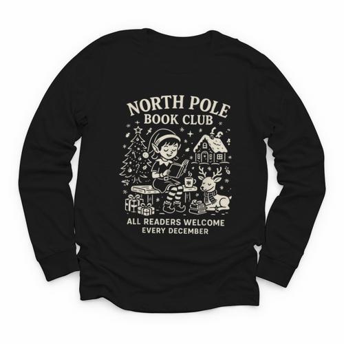 North Pole Book Club Christmas Elf Bookish Retro Graphic Youth Long Sleeve Tee - Bookorys