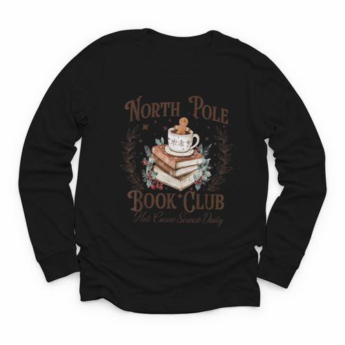North Pole Book Club Hot Cocoa Served Daily Librarian Xmas Youth Long Sleeve Tee - Bookorys