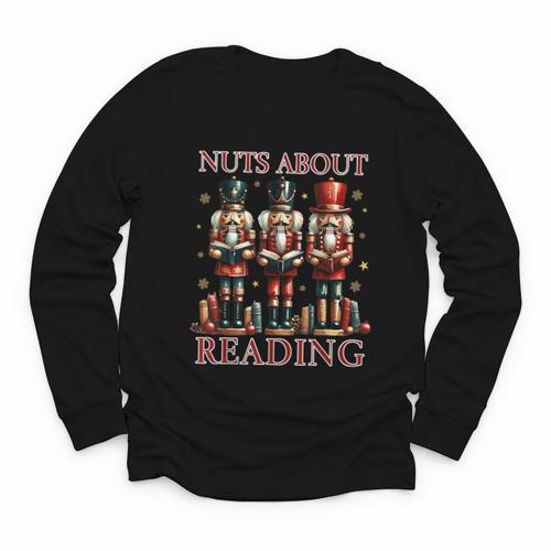 Nuts About Reading Nutcracker Reading Book Lover Christmas Youth Long Sleeve Tee - Bookorys