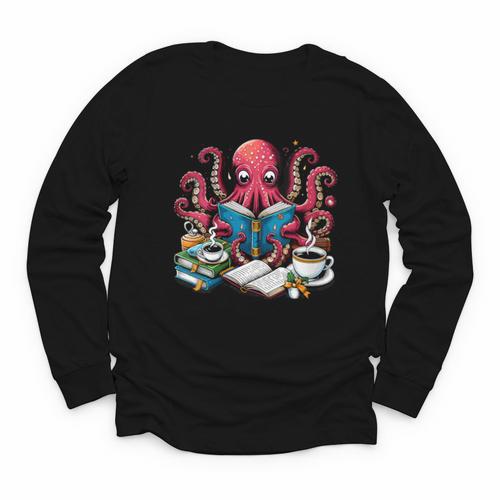 Octopus Reading Book Coffee Lover Bookaholic Bookworm Reader Youth Long Sleeve Tee - Bookorys CA