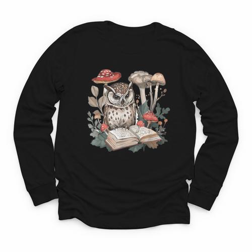 Owl With Books Reading Cottagecore Aesthetics Youth Long Sleeve Tee - Bookorys AU