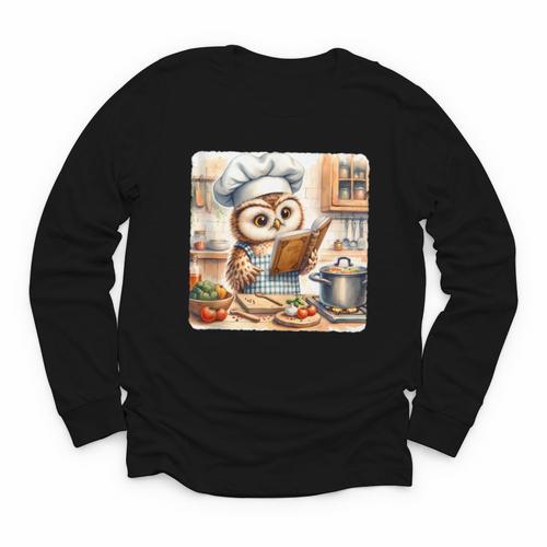 Owl Learning To Cook With Cookbook Chef Apron Stove Cooking Youth Long Sleeve Tee - Bookorys