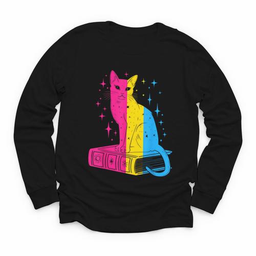 Pansexual Pride Celestial Cat Sitting Book LGBTQ Pan Colors Men Women Youth Long Sleeve Tee - Bookorys AU