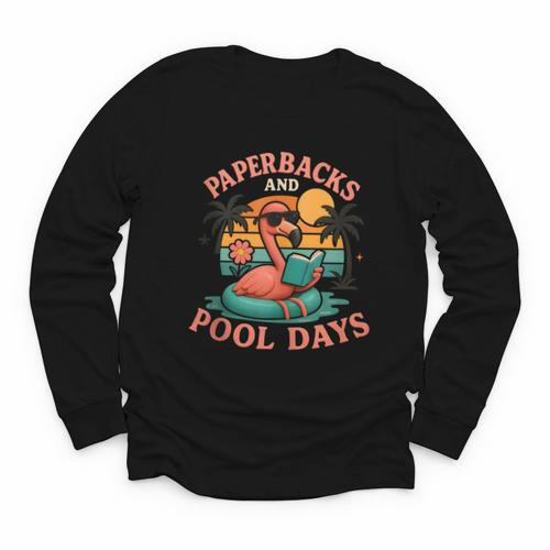 Paperbacks And Pool Days Flamingo Reading Summer Vibes Books Youth Long Sleeve Tee - Bookorys UK