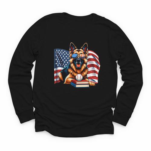 Patriotic German Shepherd Dog Books Baseball American Flag Youth Long Sleeve Tee - Bookorys UK
