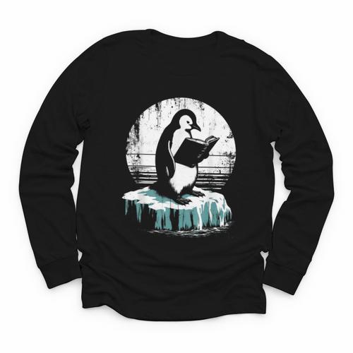 Penguin Reading A Book Vintage Graphic Bookworm Lover Youth Long Sleeve Tee - Bookorys AU