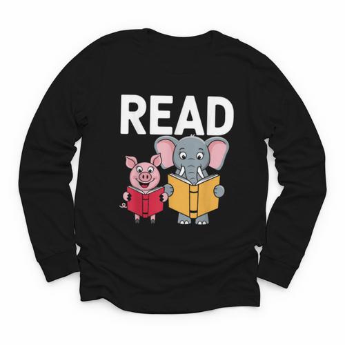 Pig Elephant Reading Cute Book Lover Bookworm Boys Girls Kid Youth Long Sleeve Tee - Bookorys DE