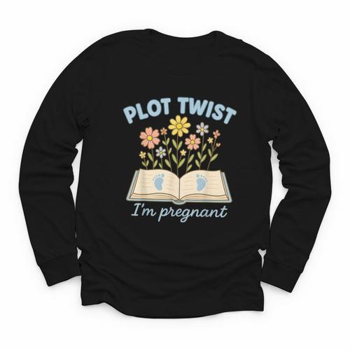Plot Twist I'm Pregnant Literary Pregnancy Announcement Book Youth Long Sleeve Tee - Bookorys