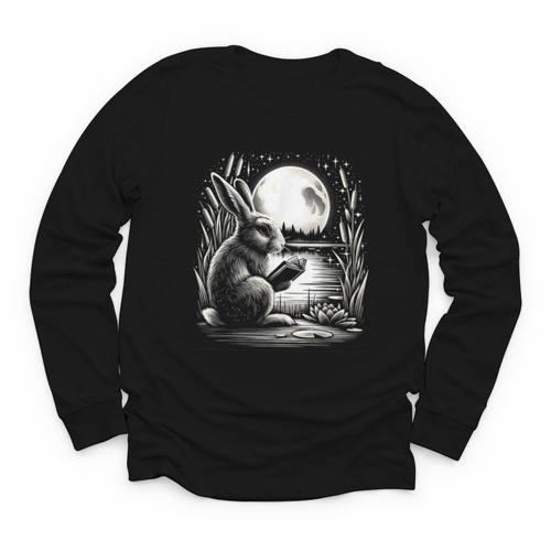 Rabbit Reading Book Full Moon Lake Scenery Youth Long Sleeve Tee - Bookorys CA