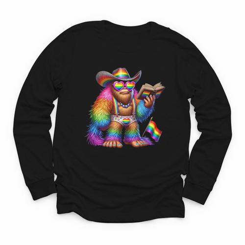 Rainbow Pride Bigfoot Reading Book With Heart Glasses Youth Long Sleeve Tee - Bookorys UK