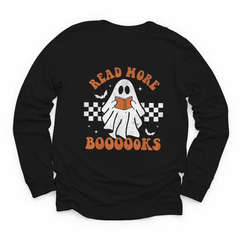 Read More Books Cute Ghost Reading Book Teacher Halloween Youth Long Sleeve Tee - Bookorys