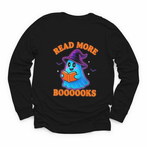 Read More Books Halloween Book Cute Ghost Reading Teaching Youth Long Sleeve Tee - Bookorys DE