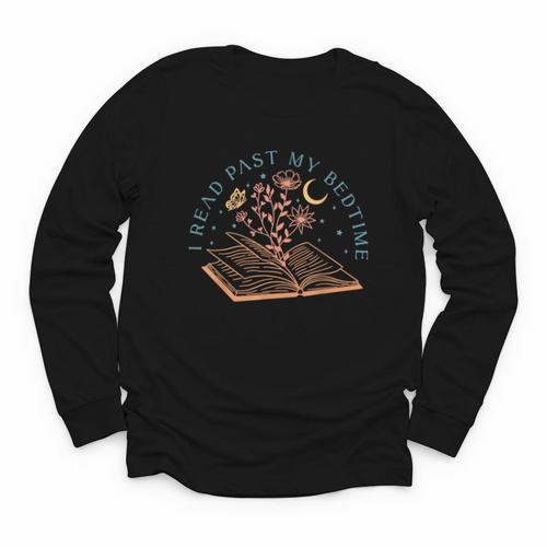 I Read Past My Bedtime Book Flower Butterfly Moon Bookish Youth Long Sleeve Tee - Bookorys