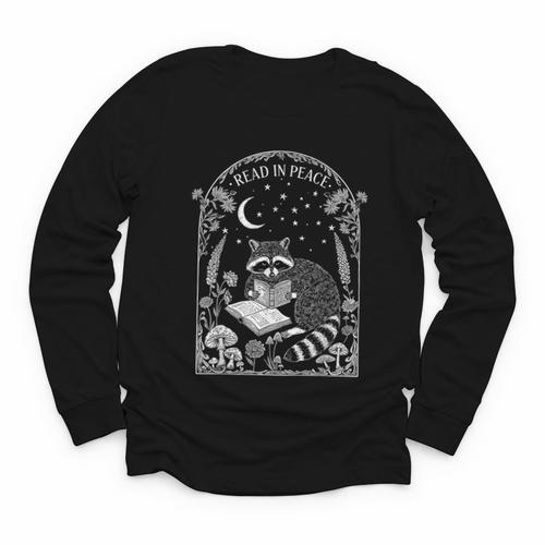 Read In Peace Raccoon Gothic Cottagecore Book Lovers Youth Long Sleeve Tee - Bookorys AU