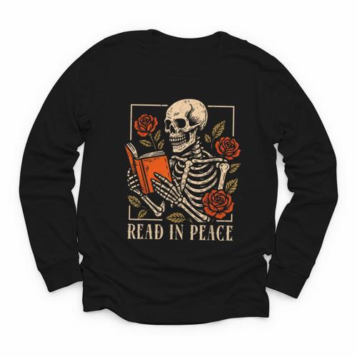 Read In Peace Skeleton Reading Book Halloween Teacher Youth Long Sleeve Tee - Bookorys