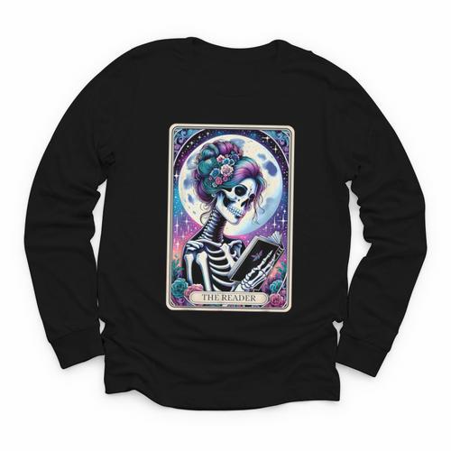 The Reader Tarot Card Reading Skeleton Skull Book Lover Youth Long Sleeve Tee - Bookorys