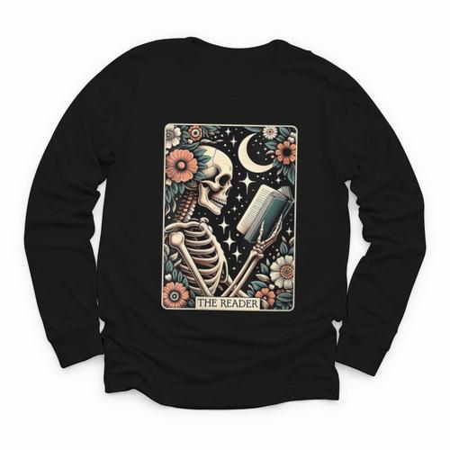 The Reader Tarot Card Skeleton Reading Book Bookworm Bookish Youth Long Sleeve Tee - Bookorys