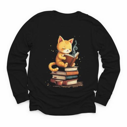 Reading Cat Books Cute Youth Long Sleeve Tee - Bookorys AU