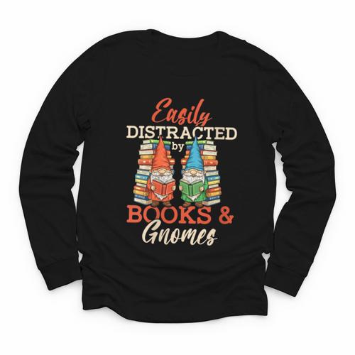 Reading Gnomes Cute Easily Distracted By Books And Gnomes Youth Long Sleeve Tee - Bookorys